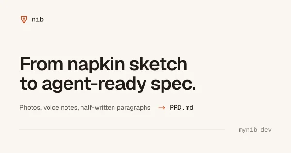 nib — from napkin sketch to agent-ready spec: fotos, notas de voz y párrafos a medias se convierten en un PRD.md